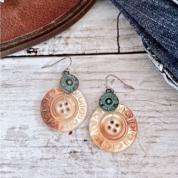 Artesian Shotgun Shell & Button Dangle Pierced Earrings Woman’s Jewelry - Picture 5 of 6